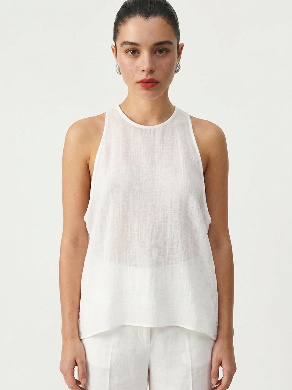 HELMUT LANG | White Sheer Tracetate Sleeveless Top Keyhole Back Women’s Size L